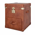 Vintage Brown Leather Nightstand With Metal Rivets And Single Drawer Design