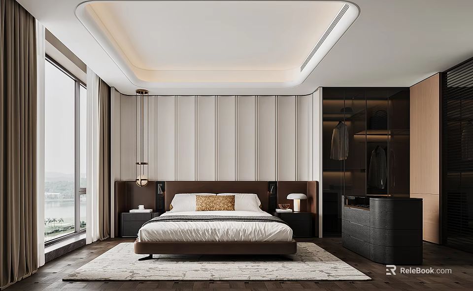 Modern Bedroom Interior Design With Large Bed Floor to Ceiling Windows And Wardrobe 3d model 
