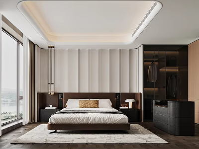 Modern Bedroom Interior Design With Large Bed Floor to Ceiling Windows And Wardrobe 3d model