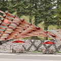 Wooden Glass Pergola With Triangular Roof Design Red Decorative Balls Palm Trees And Stone Wall