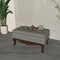 Checkerboard Pattern Upholstered Storage Ottoman Bench With Carved Wooden Legs And Decorative Pinecones