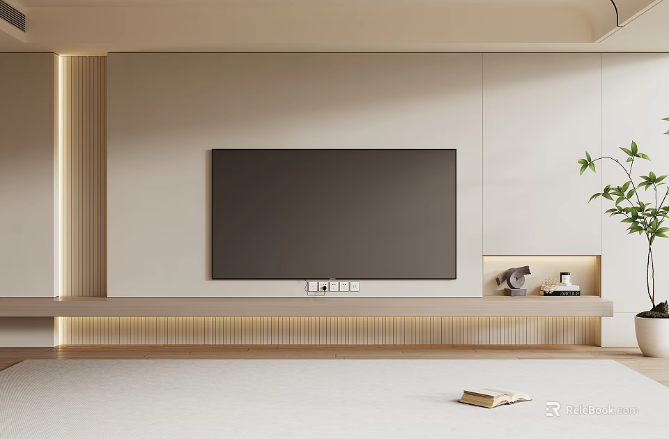 Modern TV Background Wall With Built-in TV Beige Panel LED Strip Lights And Platform Shelf 3d model 