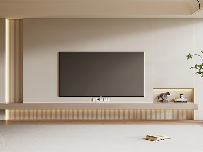 Modern TV Background Wall With Built-in TV Beige Panel LED Strip Lights And Platform Shelf 3d model