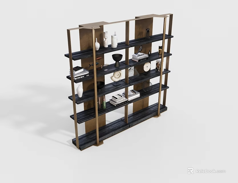 Modern Metal Frame Shelf Unit With Dark Wooden Shelves And Decorative Items 3d model 
