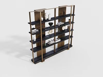 Modern Metal Frame Shelf Unit With Dark Wooden Shelves And Decorative Items 3d model