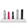 Hair Care Styling Products On White Display Stand With Various Colors