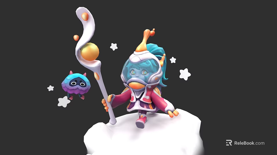Cute Game Character With Teal Hair Holding Staff Orb Blue Creature Stars On Cloud 3d model 