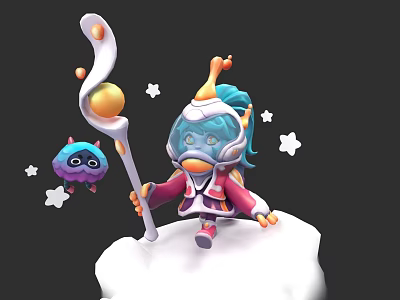 Cute Game Character With Teal Hair Holding Staff Orb Blue Creature Stars On Cloud 3d model