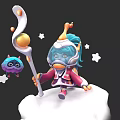 Cute Game Character With Teal Hair Holding Staff Orb Blue Creature Stars On Cloud