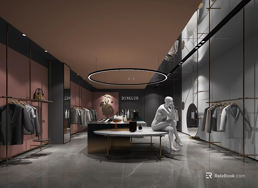 Modern Fashion Clothing Store Interior With Mannequin Racks Display Tables And Decorative Lighting 3d model 