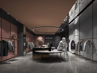 Modern Fashion Clothing Store Interior With Mannequin Racks Display Tables And Decorative Lighting 3d model