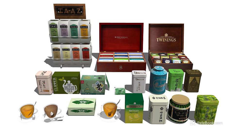 Various Daily Life Tea Products Including Boxes Tins Cups and Tea Bags 3d model 