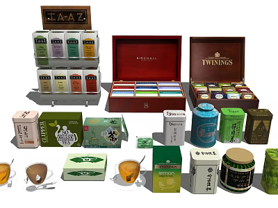 Various Daily Life Tea Products Including Boxes Tins Cups and Tea Bags 3d model