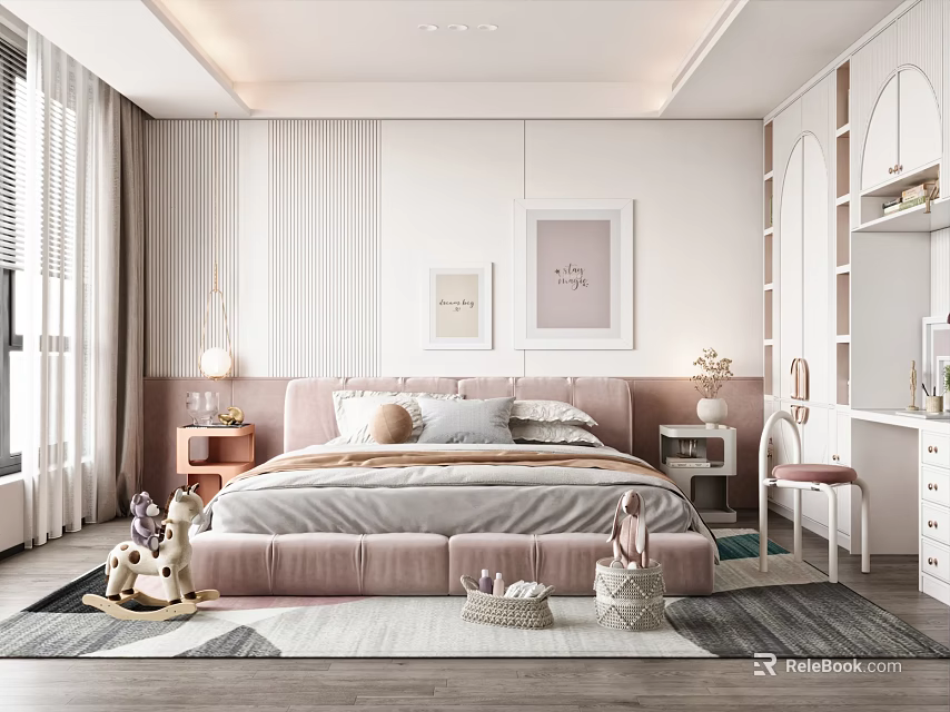 Cozy Kids Room Interior With Pink Bed Pillows Rocking Horse And Desk Chair 3d model 