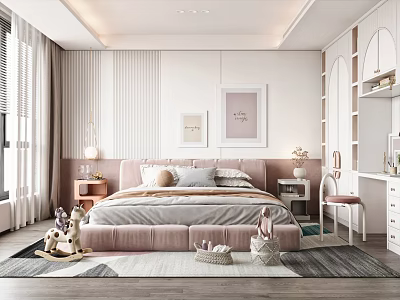 Cozy Kids Room Interior With Pink Bed Pillows Rocking Horse And Desk Chair 3d model