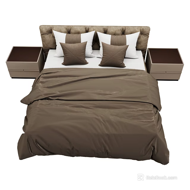 Modern Double Bed With Tufted Headboard Brown Comforter Soft Pillows And Nightstands 3d model