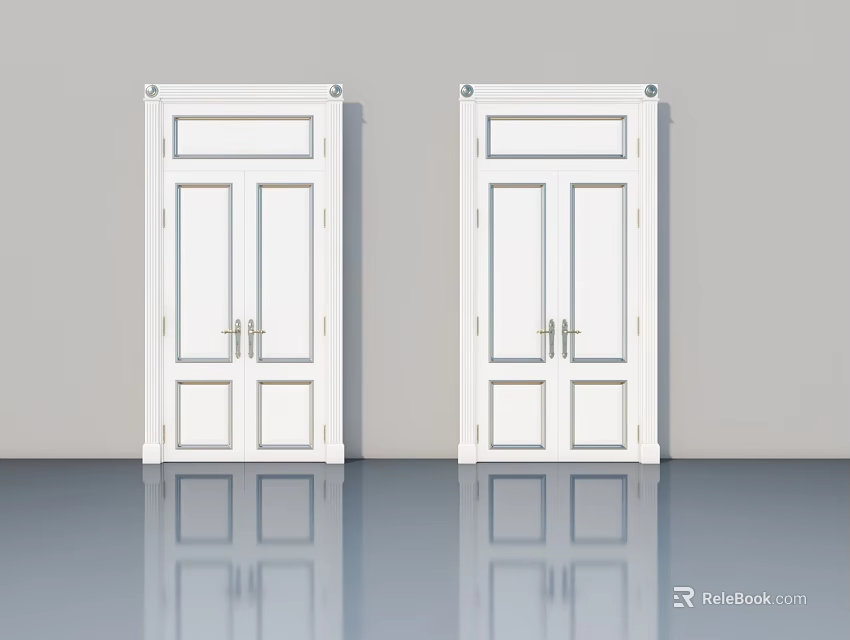 Simple White Hinged Doors With Panel Design And Clean Floor Reflection 3d model