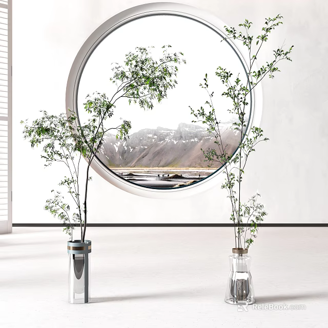 Two Trees in Transparent Vases by Circular Window with Mountain View Outside 3d model 