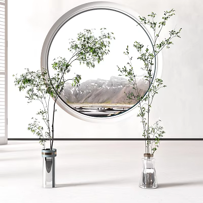 Two Trees in Transparent Vases by Circular Window with Mountain View Outside 3d model