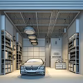 Car 4S Shop Interior With Silver Car Colorful Grid Wall Shelves And Hanging Lights
