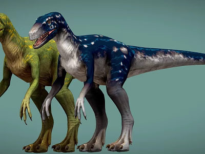Realistic Green And Blue Spotted Dinosaurs Standing On Teal Background 3d model