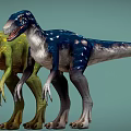 Realistic Green And Blue Spotted Dinosaurs Standing On Teal Background