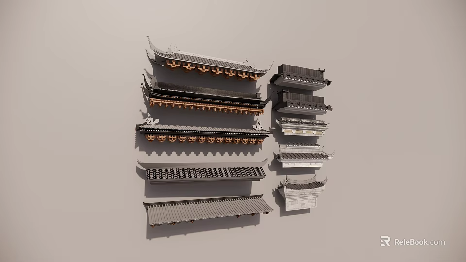 Traditional Chinese Architectural Components with Ornamental Roof Eaves and Brackets 3d model 