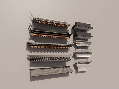 Traditional Chinese Architectural Components with Ornamental Roof Eaves and Brackets 3d model