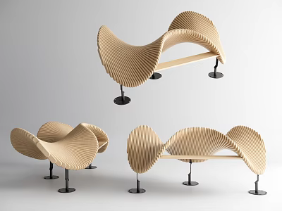 Stylish Modern Curved Wooden Outdoor Chair With Ergonomic Design And Metal Legs 3d model