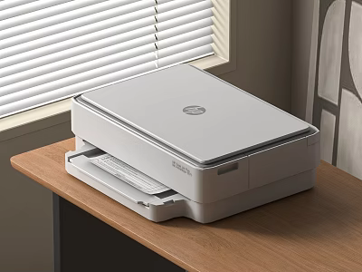 HP Office Printer Placed On Wooden Desk Near Window Blinds 3d model