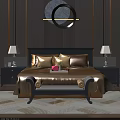 Double Bed in Background with Striped Wall Bedside Lamps Nightstands and Bench