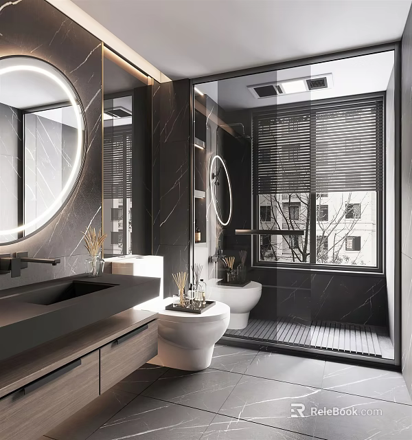 Modern Bathroom Interior With Round Mirror Marble Vanity Shower Area And Window Blinds 3d model 