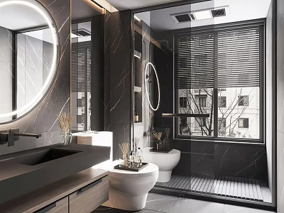 Modern Bathroom Interior With Round Mirror Marble Vanity Shower Area And Window Blinds 3d model