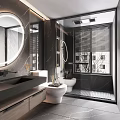 Modern Bathroom Interior With Round Mirror Marble Vanity Shower Area And Window Blinds