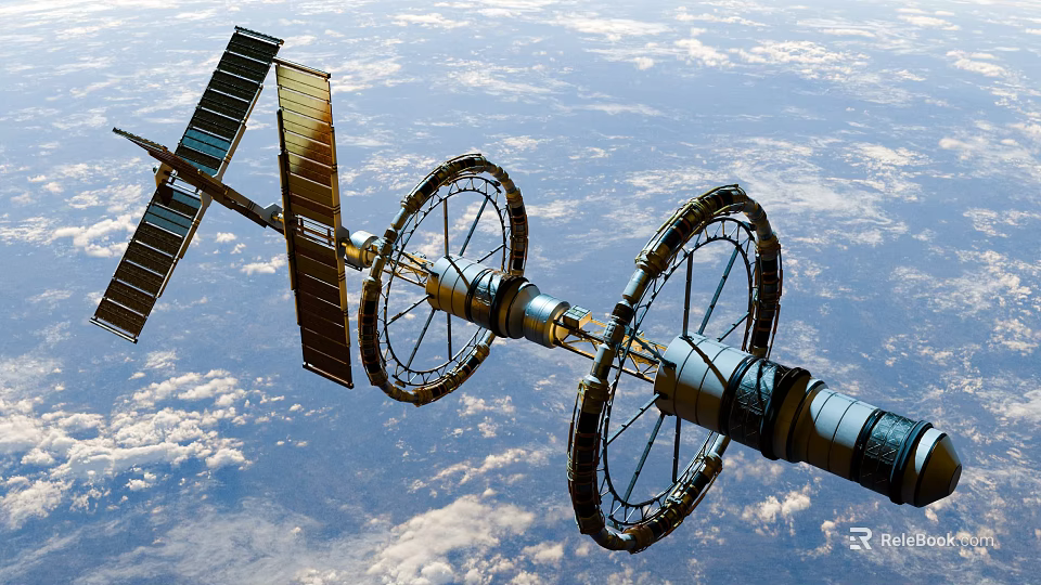 Wheel Shaped Space Station Orbiting Earth With Cloudy Skies 3d model 