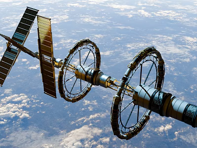 Wheel Shaped Space Station Orbiting Earth With Cloudy Skies 3d model