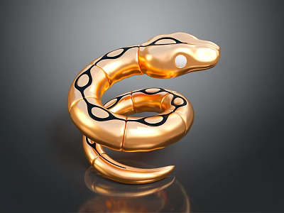 Golden Coiled Snake Sculpture With Shiny Surface And Black Spots On Dark Background 3d model