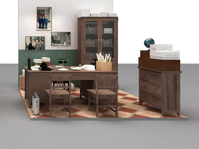 Interactive Study Space With Wooden Table Chairs Glass Cabinet Globe Stacked Towels And Framed 3d model