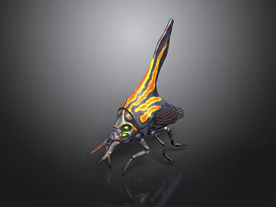 Mythical Insect Creature With Black Body Orange Yellow Wings Green Eyes And Long Antennae 3d model