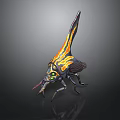 Mythical Insect Creature With Black Body Orange Yellow Wings Green Eyes And Long Antennae