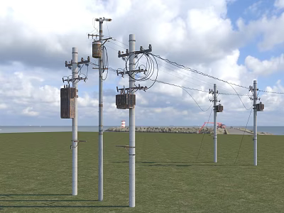 Industrial Electrical Equipment On Metal Poles In Grassland Coastal Area With Cloudy Sky 3d model