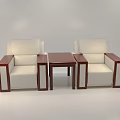 Casual Sofa Combination Featuring Beige Upholstery And Dark Brown Wooden Armrests With Center Table