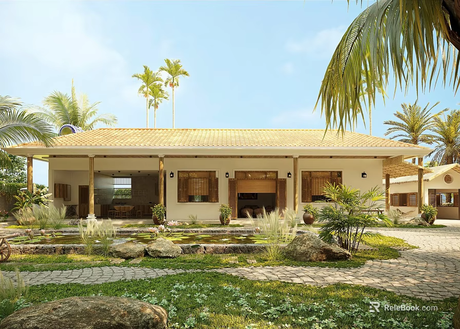 Tropical Garden Landscape With Palm Trees Lawn Stone Path And House 3d model 