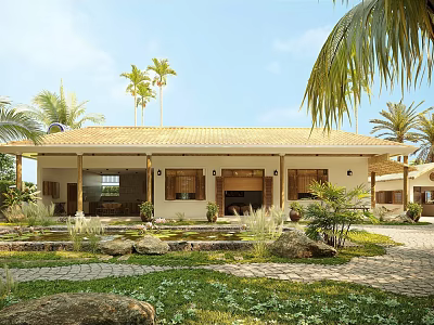Tropical Garden Landscape With Palm Trees Lawn Stone Path And House 3d model