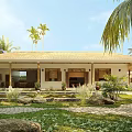 Tropical Garden Landscape With Palm Trees Lawn Stone Path And House