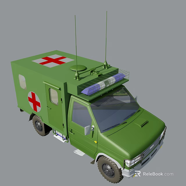 Green Functional Ambulance Vehicle With Red Cross Symbol Roof Emergency Lights And Antenna 3d model 