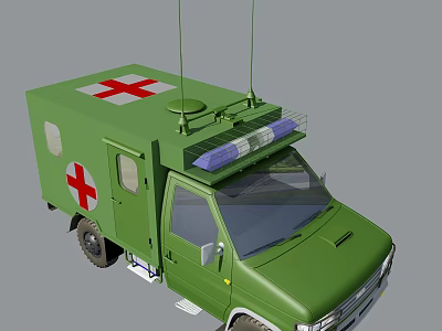 Green Functional Ambulance Vehicle With Red Cross Symbol Roof Emergency Lights And Antenna 3d model