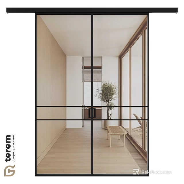 Modern Hinged Door Design In Bright Interior Space With Glass Panels And Wooden Frames 3d model 