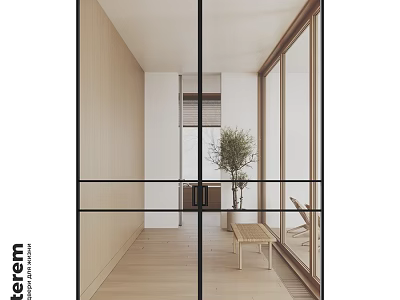 Modern Hinged Door Design In Bright Interior Space With Glass Panels And Wooden Frames 3d model