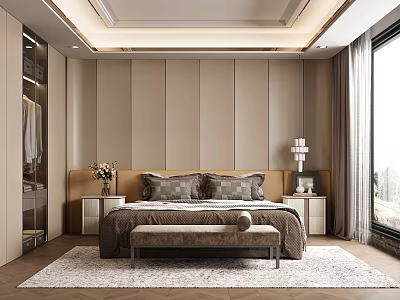 Modern Bedroom Interior With Beige Walls Wooden Headboard Gray Beige Pillows And Gray Curtains 3d model
